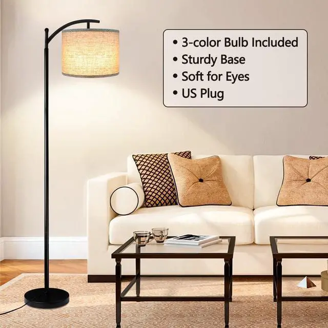Alt view image 7 of 7 - ROTTOGOON Floor Lamp for Living Room with 3 Color Temperatures LED Bulb, Standing Lamp Tall Industrial Floor Lamp Reading for Bedroom, Office (9W LED Bulb, Beige Lampshade Included) -Black