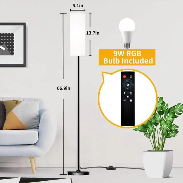 Alt view image 2 of 6 - Floor Lamp for Living Room Bedroom,Modern LED Floor Lamp with Remote Control and Stepless Dimmable Colors Temperature & Brightness,Standing Lamps Tall Lamp, 9W Bulb Included(White)