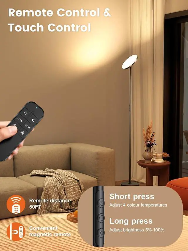 Alt view image 3 of 7 - OHLUX Floor Lamp,36W/3000LM Sky LED Modern Torchiere 5 Color Temperatures Super Bright Floor Lamps, Dimmable Tall Standing Pole Light with Remote & Touch Control for Living Room,Bedroom,Office-Black