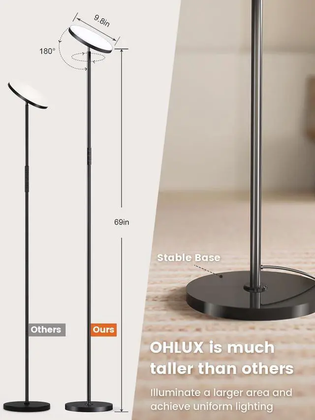 Alt view image 4 of 7 - OHLUX Floor Lamp,36W/3000LM Sky LED Modern Torchiere 5 Color Temperatures Super Bright Floor Lamps, Dimmable Tall Standing Pole Light with Remote & Touch Control for Living Room,Bedroom,Office-Black