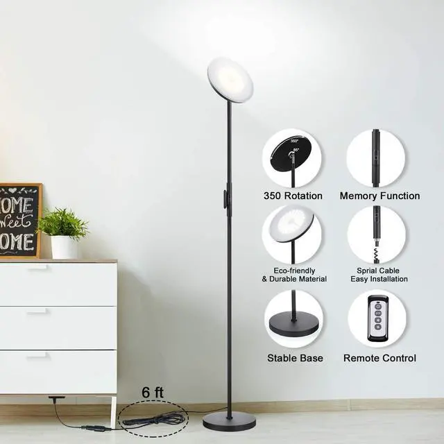 Alt view image 4 of 7 - JOOFO Floor Lamp,30W/2400LM Sky LED Modern Torchiere 3 Color Temperatures Super Bright-Tall Standing Pole Light with Remote & Touch Control for Living Room,Bed Room,Office (Black)