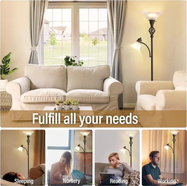 Alt view image 6 of 6 - Torchiere Floor Lamp for Living Room, LED Standing Reading Light for Bedroom with Glass Shade for Living Room Corner Bedroom Home Office,Bulbs Included (Red Brown,Glass 2 Head)