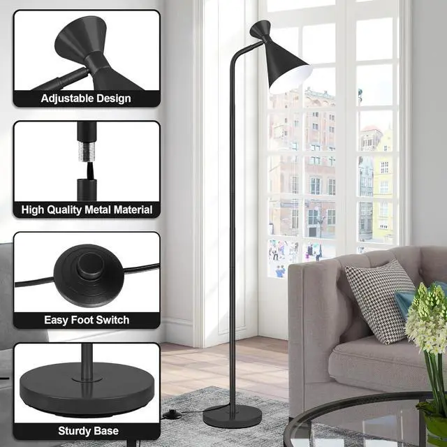 Alt view image 4 of 7 - PARTPHONER Floor Lamp for Living Room, Modern Adjustable Metal Heads Standing Lamps, Simple Design Black Floor Lamp with Foot Switch for Bedroom, Office, Kids Room, Reading, Working(Bulb Not Included)