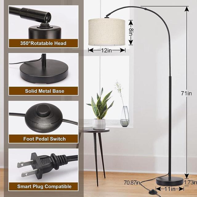 Arc Floor Lamps for Living Room, Modern Remote Control Standing Lamp with Stepless Dimmable, Black Tall Lamp with Gary Drum Shade, Over Couch Arched