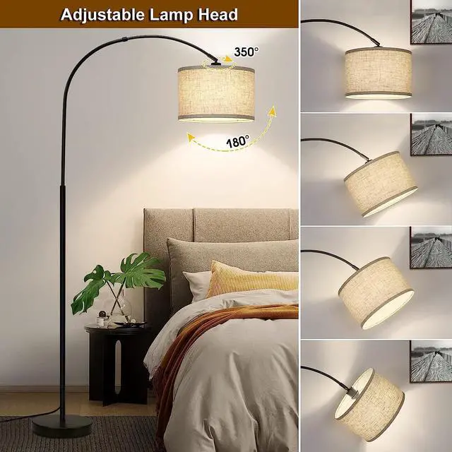 Alt view image 3 of 7 - Arc Floor Lamps for Living Room, Modern Standing Lamp with Adjustable Hanging Drum Shade, Tall Pole Lamp with Foot Switch, Over Couch Arched Reading Light for Bedroom, Office (Black)