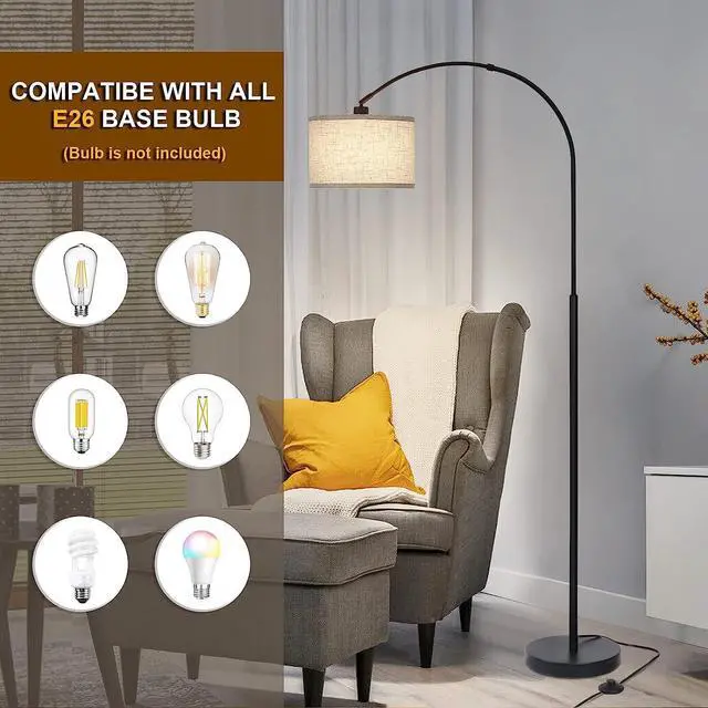 Alt view image 4 of 7 - Arc Floor Lamps for Living Room, Modern Standing Lamp with Adjustable Hanging Drum Shade, Tall Pole Lamp with Foot Switch, Over Couch Arched Reading Light for Bedroom, Office (Black)