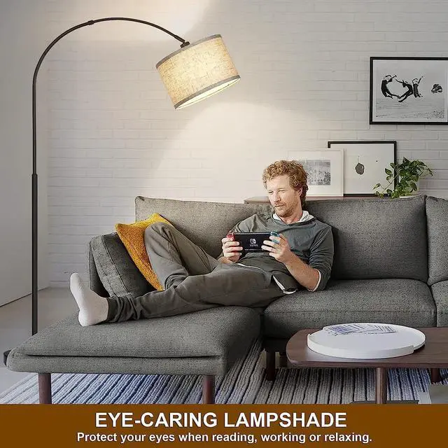 Alt view image 5 of 7 - Arc Floor Lamps for Living Room, Modern Standing Lamp with Adjustable Hanging Drum Shade, Tall Pole Lamp with Foot Switch, Over Couch Arched Reading Light for Bedroom, Office (Black)