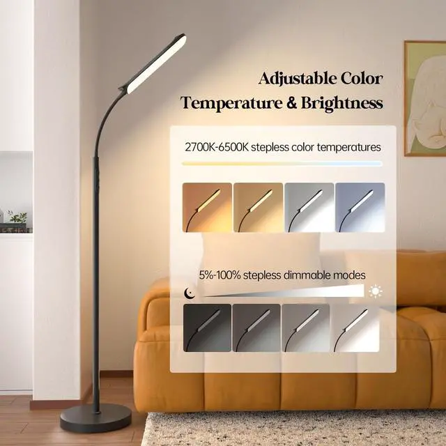 Alt view image 3 of 7 - LED Floor Lamp, 18W Super Bright Floor Lamp for Living Room, Adjustable Stepless Colors & Brightness Gooseneck Standing Lamp, Eye Caring Reading Light with Remote& Touch Control for Bedroom Office