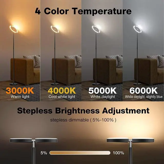 Alt view image 3 of 7 - Floor Lamps for Living Room,SIBRILLE Modern Stepless Dimmable Standing Lamp 3000-6000K,22W LED Rotatable Reading Standing Light,Touch&Remote Control Uplighter Floor Lamp for Living Room Bedroom Office
