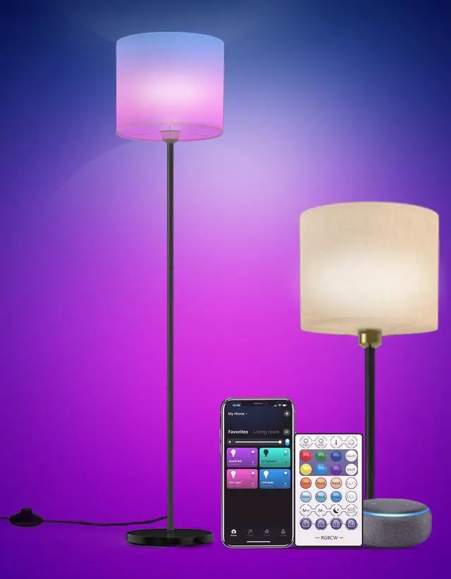 Main image of Floor lamp for living Room Compatible with Alexa & Google, White Linen Lamp Shade LED Bright Tall Standing Smart Floor Lamp with Remote for Bedroom Office, Modern Color Changing Dimmable WiFi Light.