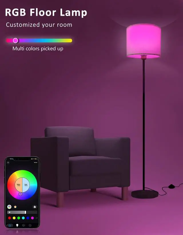 Alt view image 3 of 7 - Floor lamp for living Room Compatible with Alexa & Google, White Linen Lamp Shade LED Bright Tall Standing Smart Floor Lamp with Remote for Bedroom Office, Modern Color Changing Dimmable WiFi Light.