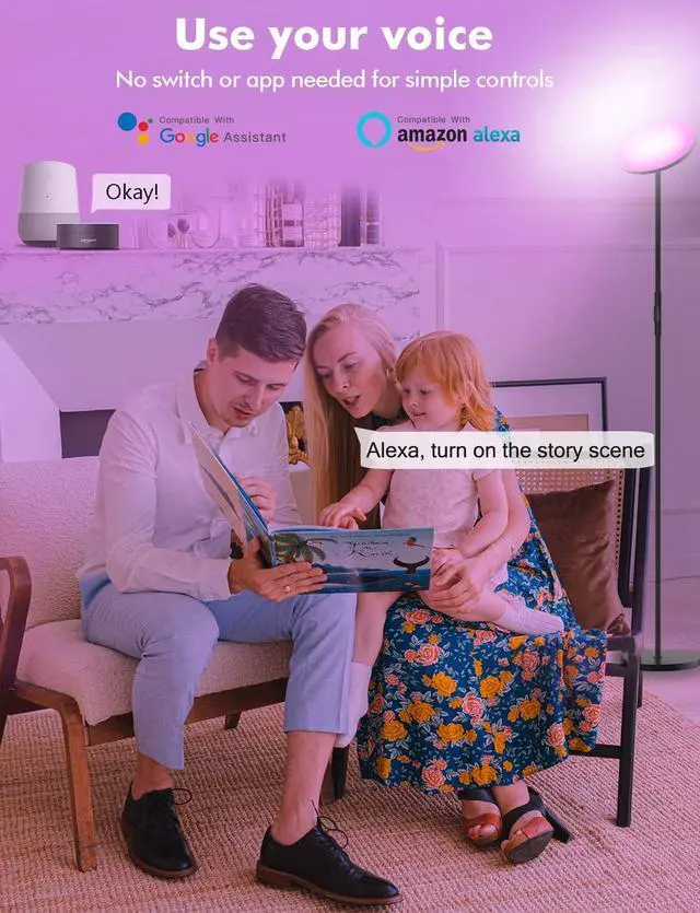 Alt view image 2 of 7 - YHW Smart RGB LED Floor Lamp Works with Alexa Google Home, WiFi Remote Modern Tall Standing Light, Super Bright 2000LM Color Changing & Dimmable Sky Torchiere for Living Room, Bedroom (Black)
