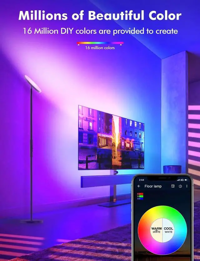Alt view image 3 of 7 - YHW Smart RGB LED Floor Lamp Works with Alexa Google Home, WiFi Remote Modern Tall Standing Light, Super Bright 2000LM Color Changing & Dimmable Sky Torchiere for Living Room, Bedroom (Black)