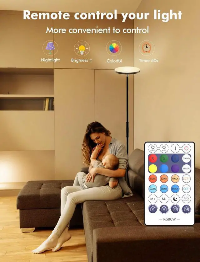Alt view image 4 of 7 - YHW Smart RGB LED Floor Lamp Works with Alexa Google Home, WiFi Remote Modern Tall Standing Light, Super Bright 2000LM Color Changing & Dimmable Sky Torchiere for Living Room, Bedroom (Black)