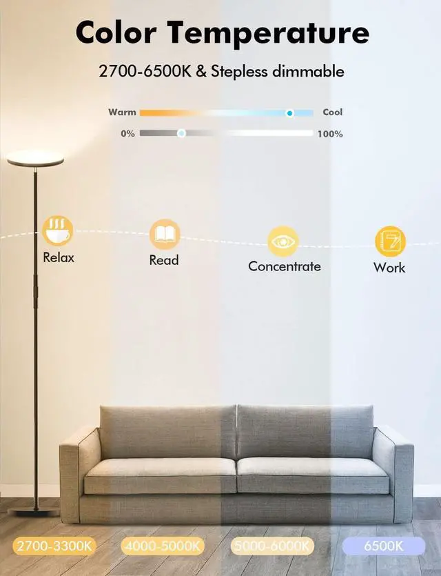 Alt view image 5 of 7 - YHW Smart RGB LED Floor Lamp Works with Alexa Google Home, WiFi Remote Modern Tall Standing Light, Super Bright 2000LM Color Changing & Dimmable Sky Torchiere for Living Room, Bedroom (Black)