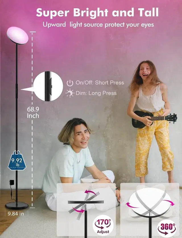 Alt view image 6 of 7 - YHW Smart RGB LED Floor Lamp Works with Alexa Google Home, WiFi Remote Modern Tall Standing Light, Super Bright 2000LM Color Changing & Dimmable Sky Torchiere for Living Room, Bedroom (Black)