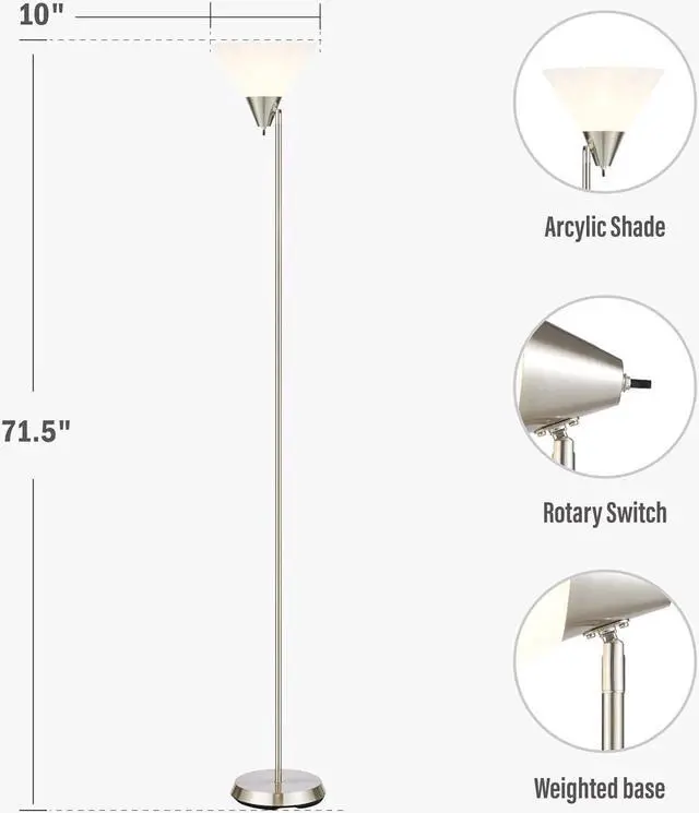 Alt view image 5 of 7 - HonoDing Floor Lamp Standing Lamp Adjustable Head Arcylic Shade Floor Lamps for Living Room/Office/Bedroom (Satin Nickel)