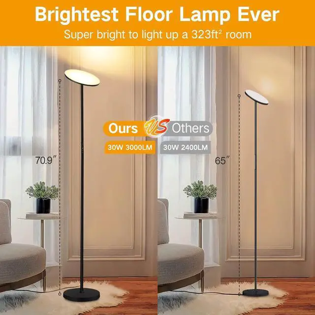 Alt view image 5 of 7 - OUTON Floor Lamp, 30W/3000LM LED Modern Torchiere Sky Lamp, Super Bright Dimmable Standing Tall Lamp with 4 Color Temperatures, Remote Touch Control, 1 Hour Timer for Living Room Bedroom Office, Black