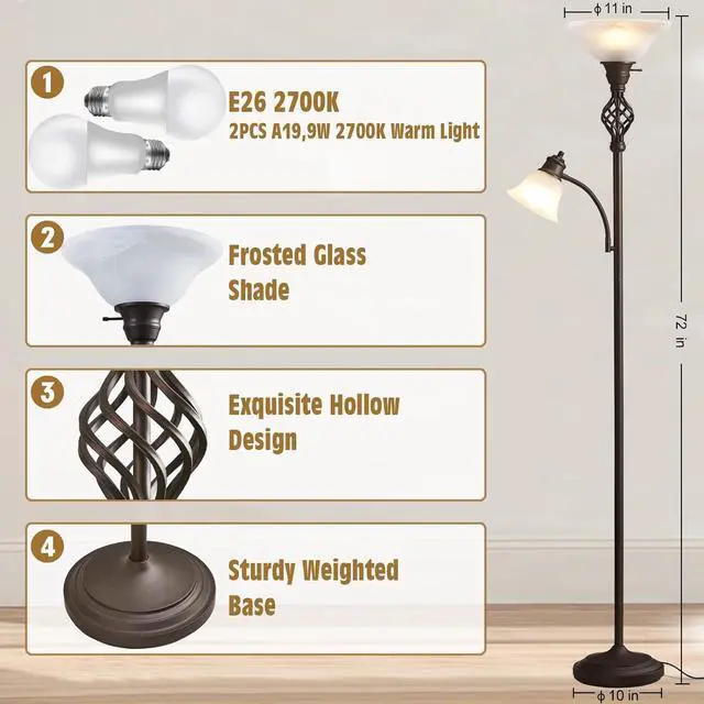 Alt view image 2 of 6 - Torchiere Floor Lamp for Living Room, LED Standing Reading Light for Bedroom with Glass Shade for Living Room Corner Bedroom Home Office,Bulbs Included (Red Brown,Glass 2 Head)