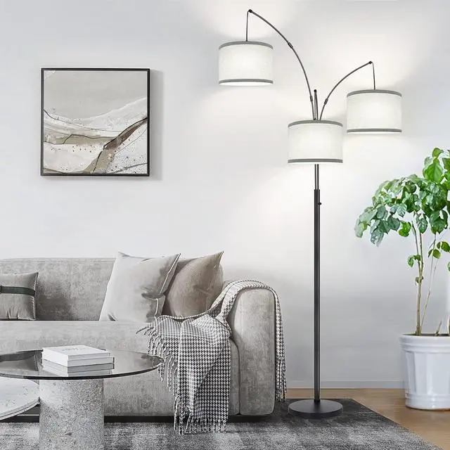 Alt view image 6 of 7 - Dimmable Floor Lamp - 3 Lights Arc Floor Lamps for Living Room, 1000LM Modern Tall Standing Lamp With Gray Shades & Heavy Base, Mid Century Tree Floor Lamp for Bedroom Office, 3 LED Bulbs Included