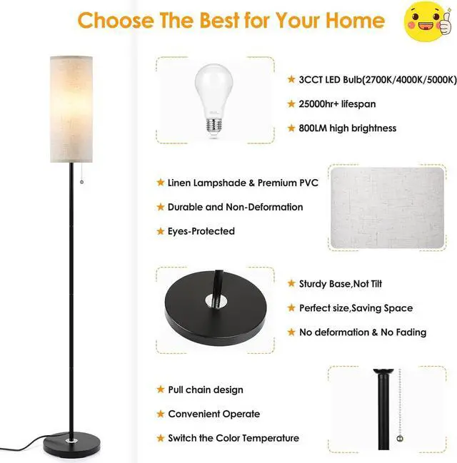 Alt view image 3 of 7 - Floor Lamp for Living Room, 3 Color Temperature Modern Standing Lamps, Minimalist Pole Lamp Tall Lamps for Bedroom Living Room Office,Black