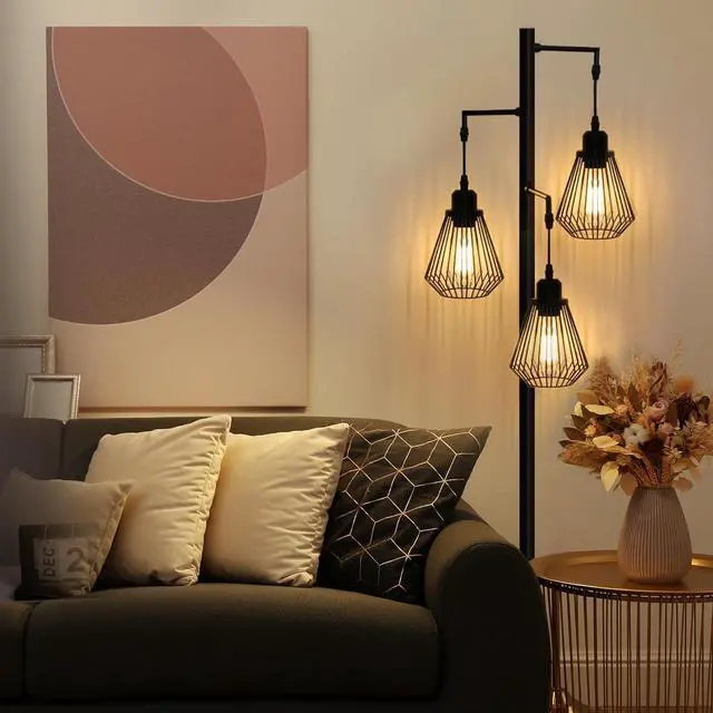 Alt view image 3 of 7 - Industrial Floor Lamps for Living Room, Farmhouse Standing Lamp with 3 Hanging Teardrop Cage Shades, 68" Modern Rustic Tree Tall Lamps with Pedal Switch for Bedroom Office Home Light Decor, Black