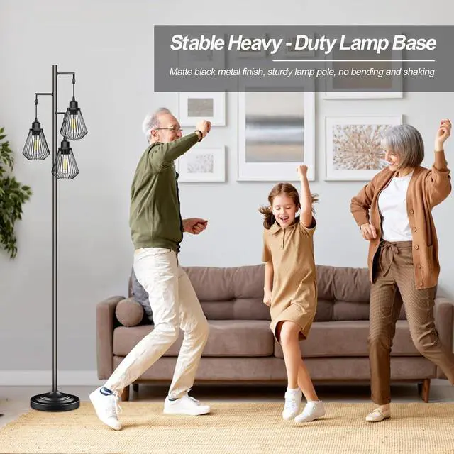 Alt view image 6 of 7 - Industrial Floor Lamps for Living Room, Farmhouse Standing Lamp with 3 Hanging Teardrop Cage Shades, 68" Modern Rustic Tree Tall Lamps with Pedal Switch for Bedroom Office Home Light Decor, Black