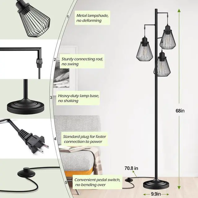 Alt view image 7 of 7 - Industrial Floor Lamps for Living Room, Farmhouse Standing Lamp with 3 Hanging Teardrop Cage Shades, 68" Modern Rustic Tree Tall Lamps with Pedal Switch for Bedroom Office Home Light Decor, Black