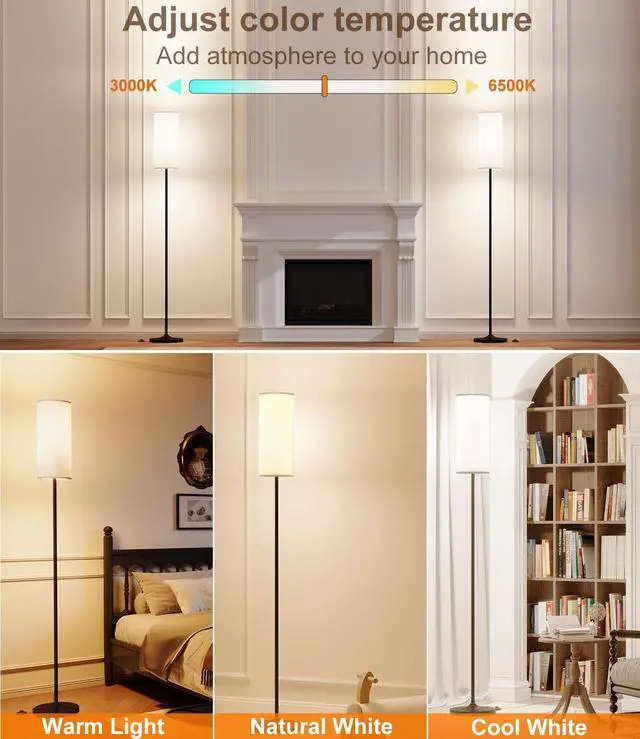 Alt view image 3 of 7 - luckystyle LED Floor Lamp for Living Room, Dimmable Standing Lamps with Foot Switch,Remote Custom Color Temperature Black Pole Lamp with Lampshade,12W Led Bulb Tall Lamps for Bedroom Office Kid Room