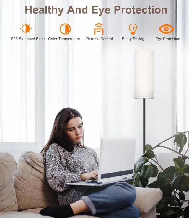 Alt view image 6 of 7 - luckystyle LED Floor Lamp for Living Room, Dimmable Standing Lamps with Foot Switch,Remote Custom Color Temperature Black Pole Lamp with Lampshade,12W Led Bulb Tall Lamps for Bedroom Office Kid Room