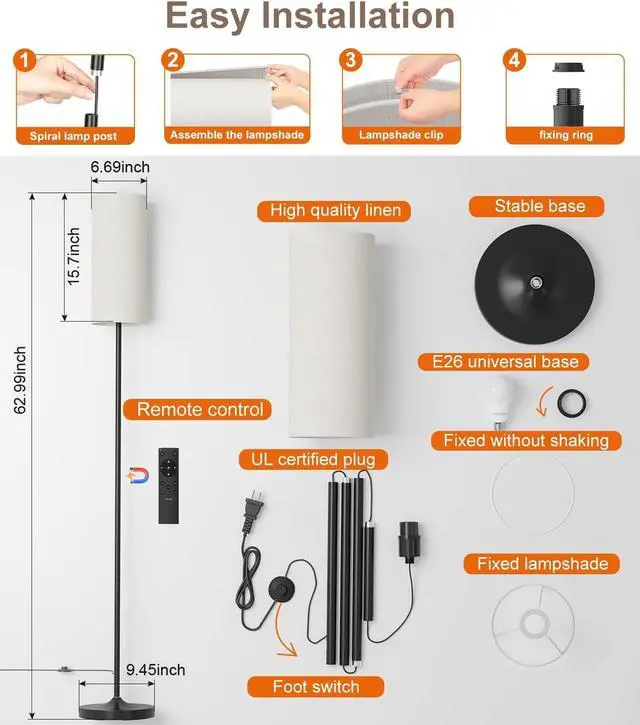 Alt view image 5 of 7 - luckystyle LED Floor Lamp for Living Room, Dimmable Standing Lamps with Foot Switch,Remote Custom Color Temperature Black Pole Lamp with Lampshade,12W Led Bulb Tall Lamps for Bedroom Office Kid Room