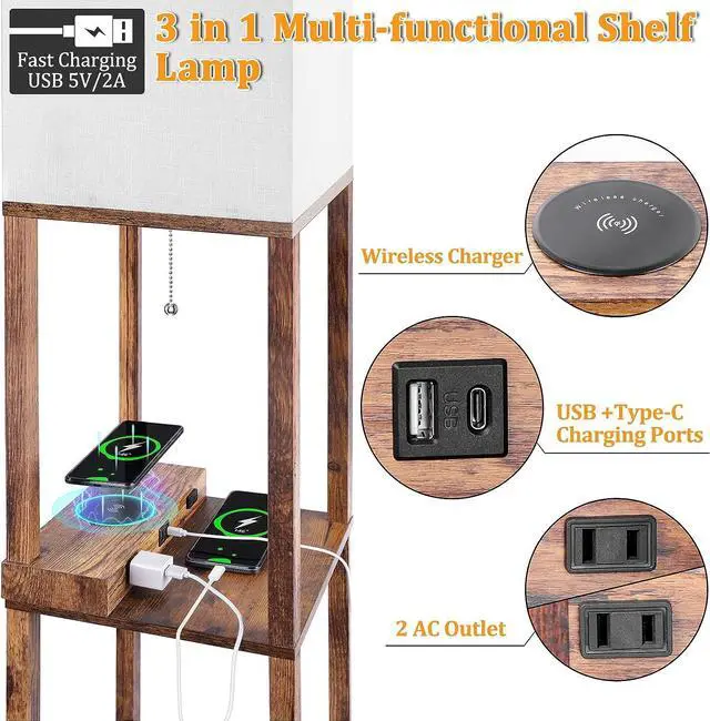 Alt view image 2 of 6 - Dott Arts Floor Lamp with Shelves, Shelf Lamp with Wireless Charger & USB A+C Ports & 2 AC Outlets,3 Color Temperature Corner Tall Standing Floor Lamps for Living Room, Bedroom, Office (Brown)