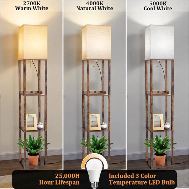 Alt view image 3 of 6 - Dott Arts Floor Lamp with Shelves, Shelf Lamp with Wireless Charger & USB A+C Ports & 2 AC Outlets,3 Color Temperature Corner Tall Standing Floor Lamps for Living Room, Bedroom, Office (Brown)