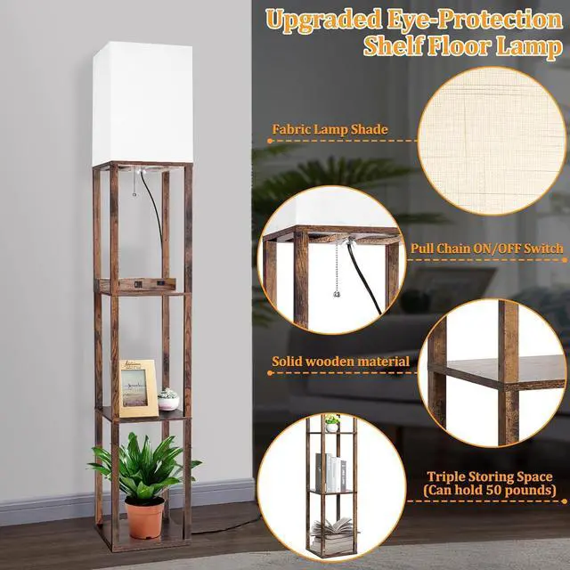 Alt view image 4 of 6 - Dott Arts Floor Lamp with Shelves, Shelf Lamp with Wireless Charger & USB A+C Ports & 2 AC Outlets,3 Color Temperature Corner Tall Standing Floor Lamps for Living Room, Bedroom, Office (Brown)