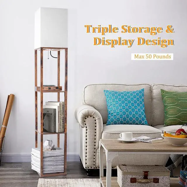 Alt view image 6 of 6 - Dott Arts Floor Lamp with Shelves, Shelf Lamp with Wireless Charger & USB A+C Ports & 2 AC Outlets,3 Color Temperature Corner Tall Standing Floor Lamps for Living Room, Bedroom, Office (Brown)