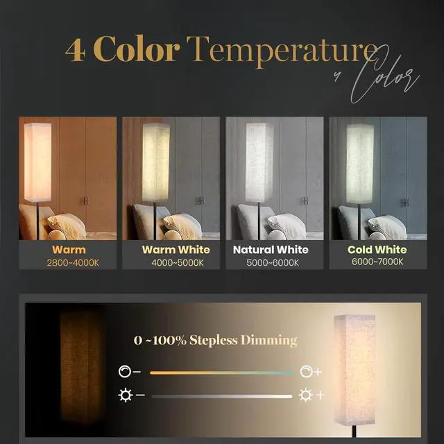 Alt view image 4 of 7 - Floor Lamp for Bedroom Living Room Office with Remote Control Modern Living Room LED 4 Color Temperature & Stepless Dimmer, Standing Elegant Lamp 3000k-7000k (Square-Pale Yellow)