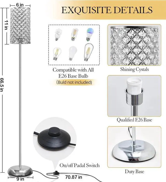 Alt view image 2 of 7 - GyroVu Crystal Floor Lamp, Elegant Standing Lamp Modern Floor Lamp Silver Finish Tall Pole Lamp Accent Light with On/Off Foot Switch for Living Room, Girl Bedroom, Dresser, Office
