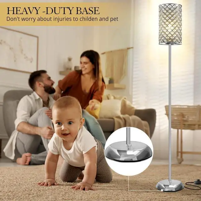 Alt view image 4 of 7 - GyroVu Crystal Floor Lamp, Elegant Standing Lamp Modern Floor Lamp Silver Finish Tall Pole Lamp Accent Light with On/Off Foot Switch for Living Room, Girl Bedroom, Dresser, Office