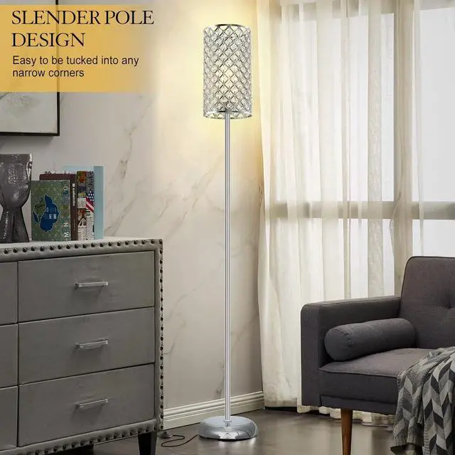 Alt view image 6 of 7 - GyroVu Crystal Floor Lamp, Elegant Standing Lamp Modern Floor Lamp Silver Finish Tall Pole Lamp Accent Light with On/Off Foot Switch for Living Room, Girl Bedroom, Dresser, Office