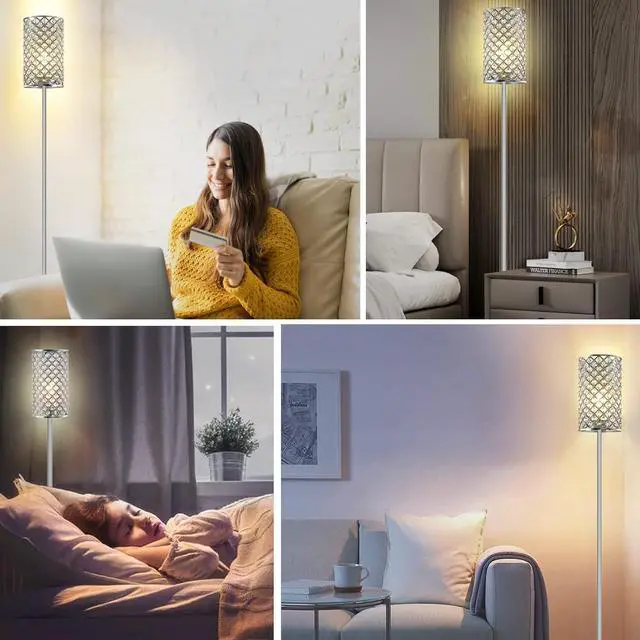 Alt view image 7 of 7 - GyroVu Crystal Floor Lamp, Elegant Standing Lamp Modern Floor Lamp Silver Finish Tall Pole Lamp Accent Light with On/Off Foot Switch for Living Room, Girl Bedroom, Dresser, Office