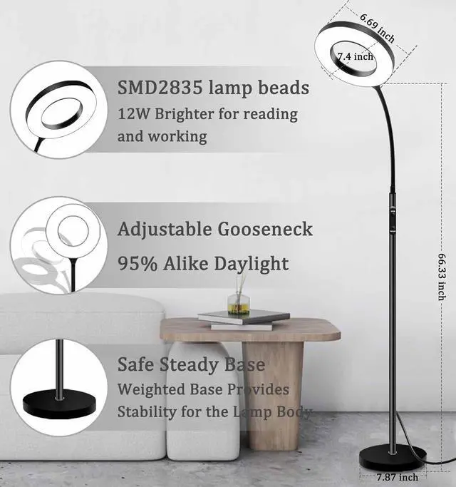 Alt view image 3 of 7 - LED Reading Floor Lamp with Remote & Touch Control, Bright Adjustable Gooseneck Lamp for Living Room Bedroom Office, Eyelash Extensions tattooing Light,Timer,2700K-6500K