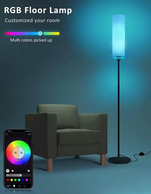 Alt view image 2 of 7 - Smart Floor Lamp Works with Alexa & Google Home, Color Changing Stepless Dimmable for Living Room, Modern Standing WiFi Lamps with Remote, Minimalist Pole Lamp Tall Lights for Bedroom, Office-Black
