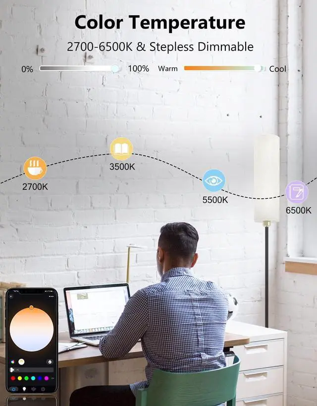 Alt view image 4 of 7 - Smart Floor Lamp Works with Alexa & Google Home, Color Changing Stepless Dimmable for Living Room, Modern Standing WiFi Lamps with Remote, Minimalist Pole Lamp Tall Lights for Bedroom, Office-Black