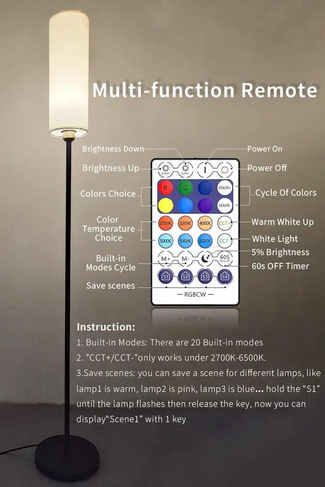 Alt view image 7 of 7 - Smart Floor Lamp Works with Alexa & Google Home, Color Changing Stepless Dimmable for Living Room, Modern Standing WiFi Lamps with Remote, Minimalist Pole Lamp Tall Lights for Bedroom, Office-Black