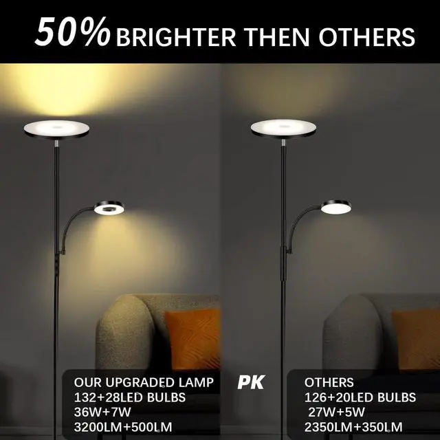 Alt view image 2 of 7 - Floor Lamp, Upgraded 42W 4000LM Super Bright LED Floor Lamp for Living Room Bedroom, Dimmable Standing Reading Floor Lamps with Remote & Touch Control