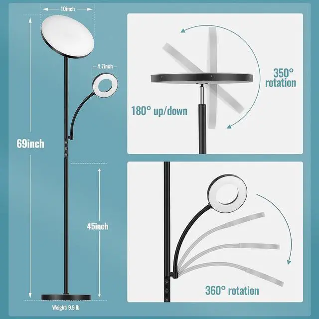 Alt view image 3 of 7 - Floor Lamp, Upgraded 42W 4000LM Super Bright LED Floor Lamp for Living Room Bedroom, Dimmable Standing Reading Floor Lamps with Remote & Touch Control