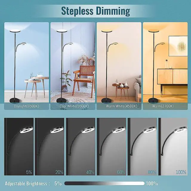 Alt view image 5 of 7 - Floor Lamp, Upgraded 42W 4000LM Super Bright LED Floor Lamp for Living Room Bedroom, Dimmable Standing Reading Floor Lamps with Remote & Touch Control
