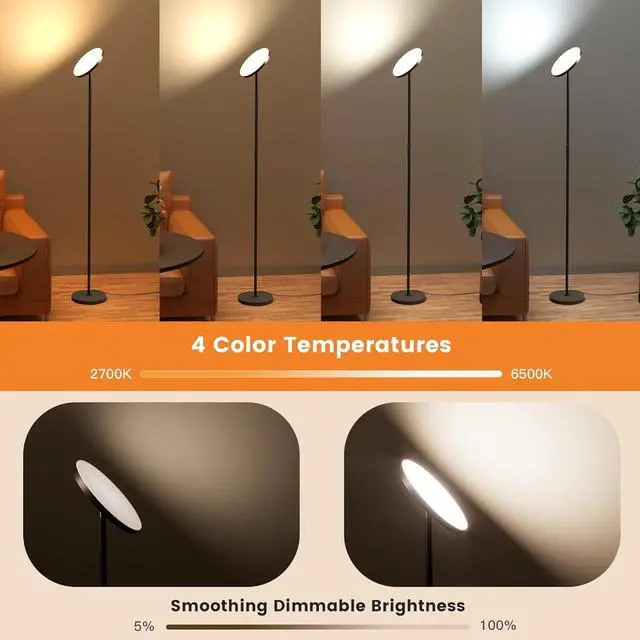 Alt view image 2 of 7 - Bright Floor Lamp, 36W 3500LM Standing LED Lamp with Remote, Dimmable Torchiere Tall Lights 2700K Warm White to 6500K Cool White, Night Mode/Memory Function, for Living Room, Bedroom, Office (Black)