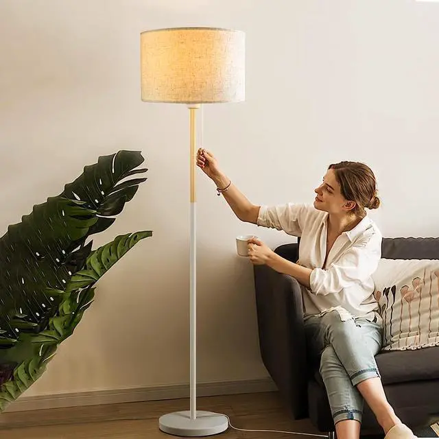 Alt view image 3 of 7 - Bedroom Floor Lamp Farmhouse Floor Lamps for Living Room Mid-Century Pole Lamp Linen Lamp Shade, Standing Tall Lamps for Bedrooms and Office (White)