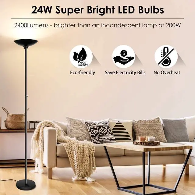 Alt view image 2 of 6 - BoostArea Torchiere Floor Lamp, 30W Super Bright LED Standing Lamp, Stepless Dimmable Pole Lamp with 3000K Lighting, Rotary Switch, 70 Inch Tall Metal Modern Floor Lamps for Living Room/Bedroom Black